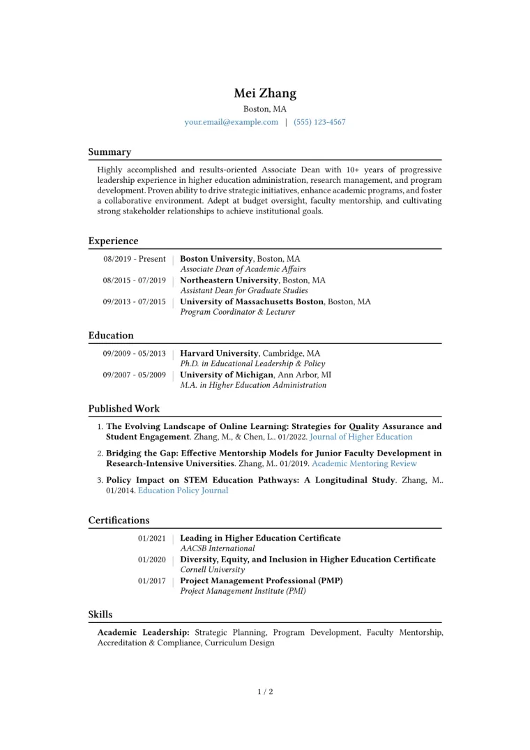 Associate Dean Resume Example CV template preview