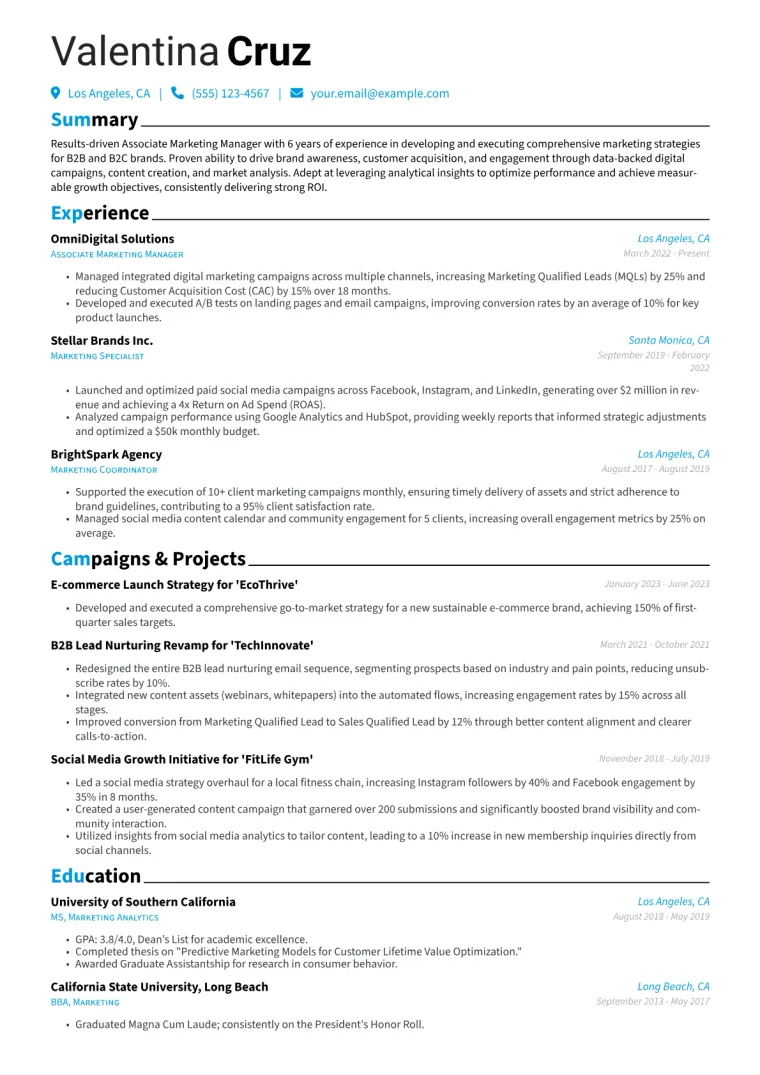Associate Marketing Manager Resume Example CV template preview
