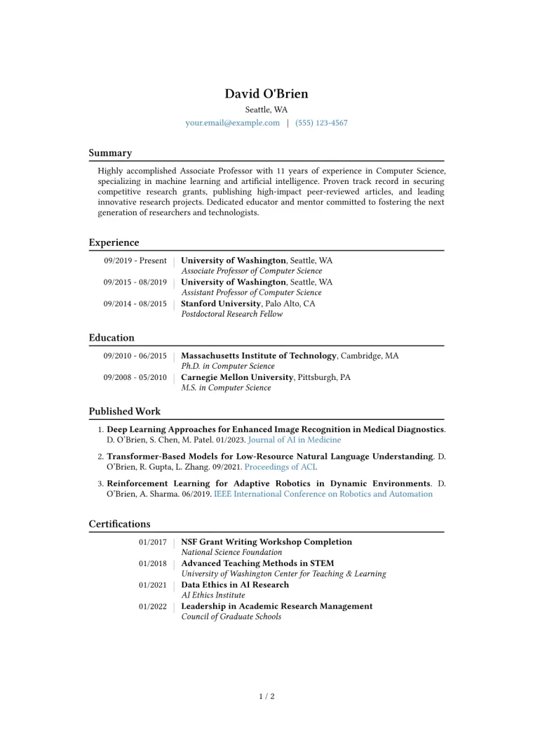 Associate Professor Resume Example CV template preview