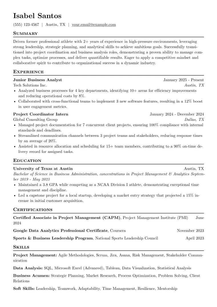 Athlete Career Transition Resume Example CV template preview