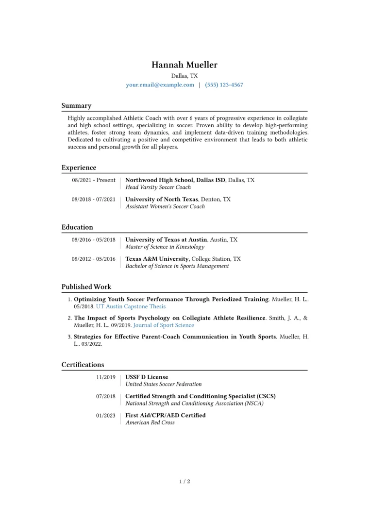 Athletic Coach Resume Example CV template preview