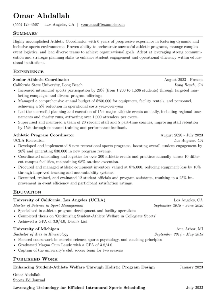 Athletic Coordinator Resume Example preview