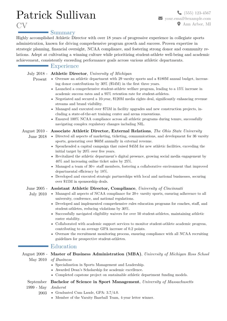 Athletic Director University Resume Example CV template preview