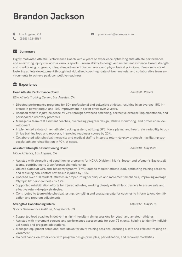 Athletic Performance Coach Resume Example CV template preview
