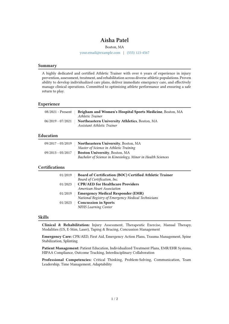 Athletic Trainer Resume Example CV template preview