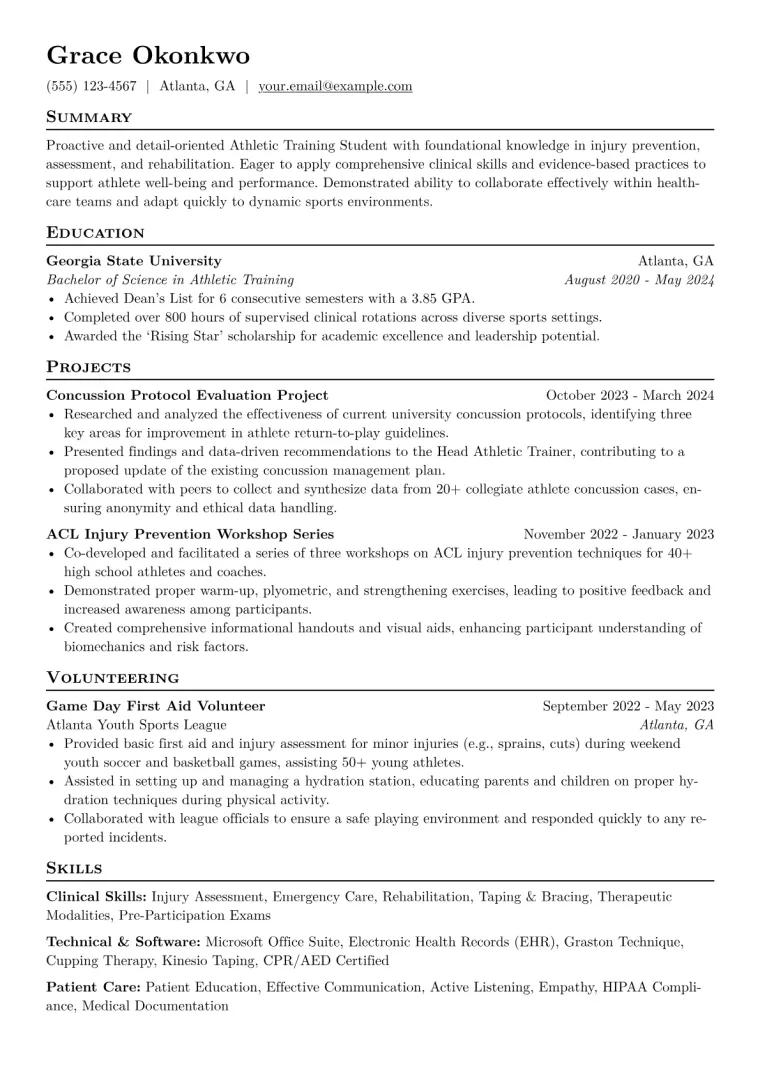 Athletic Training Student Resume Example CV template preview