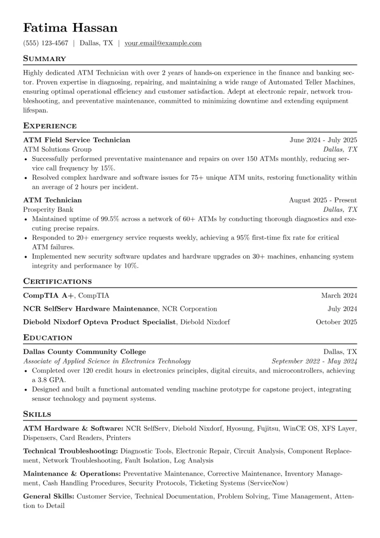 ATM Technician Resume Example CV template preview