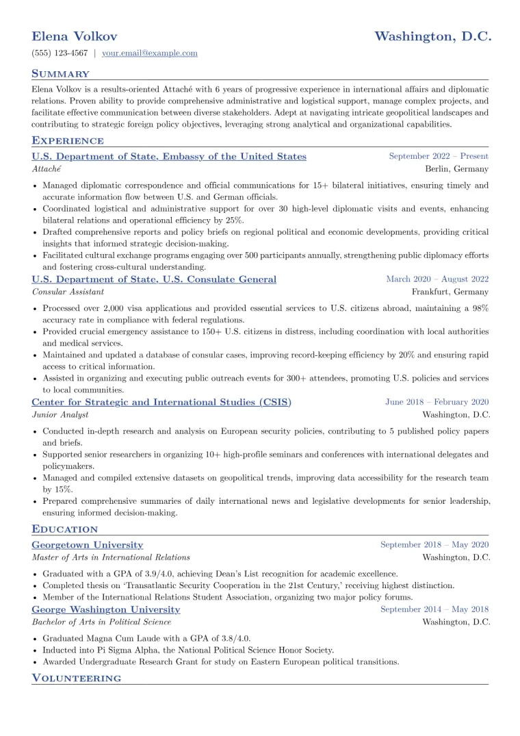 Attaché Resume Example CV template preview