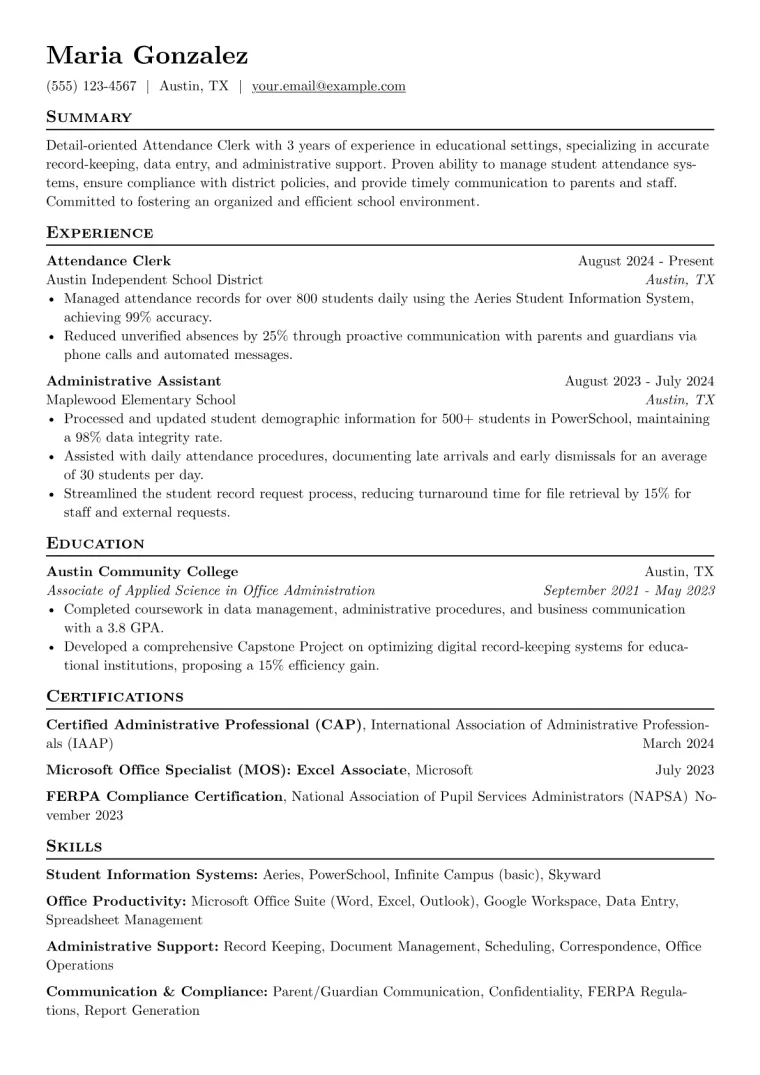 Attendance Clerk Resume Example preview