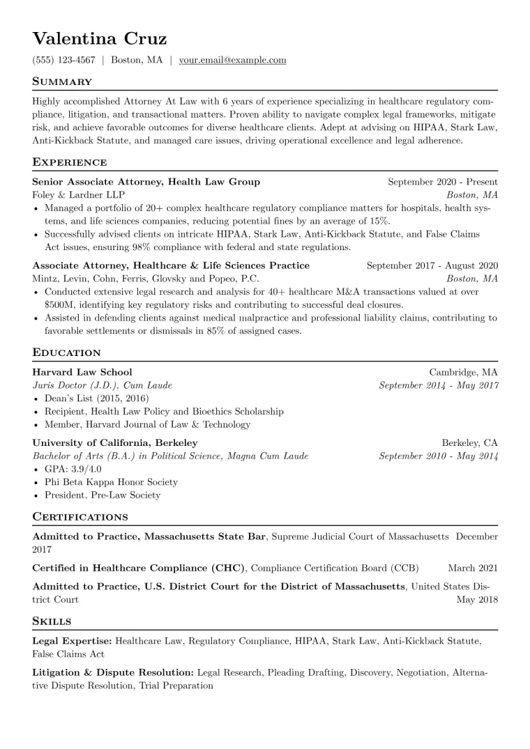 Attorney At Law Resume Example CV template preview