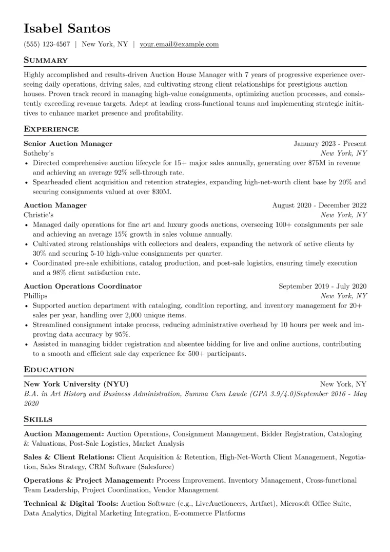 Auction House Manager Resume Example preview