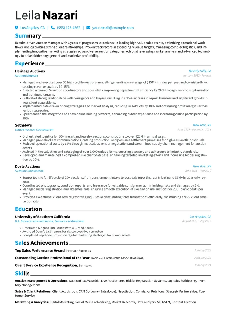 Auction Manager Resume Example CV template preview