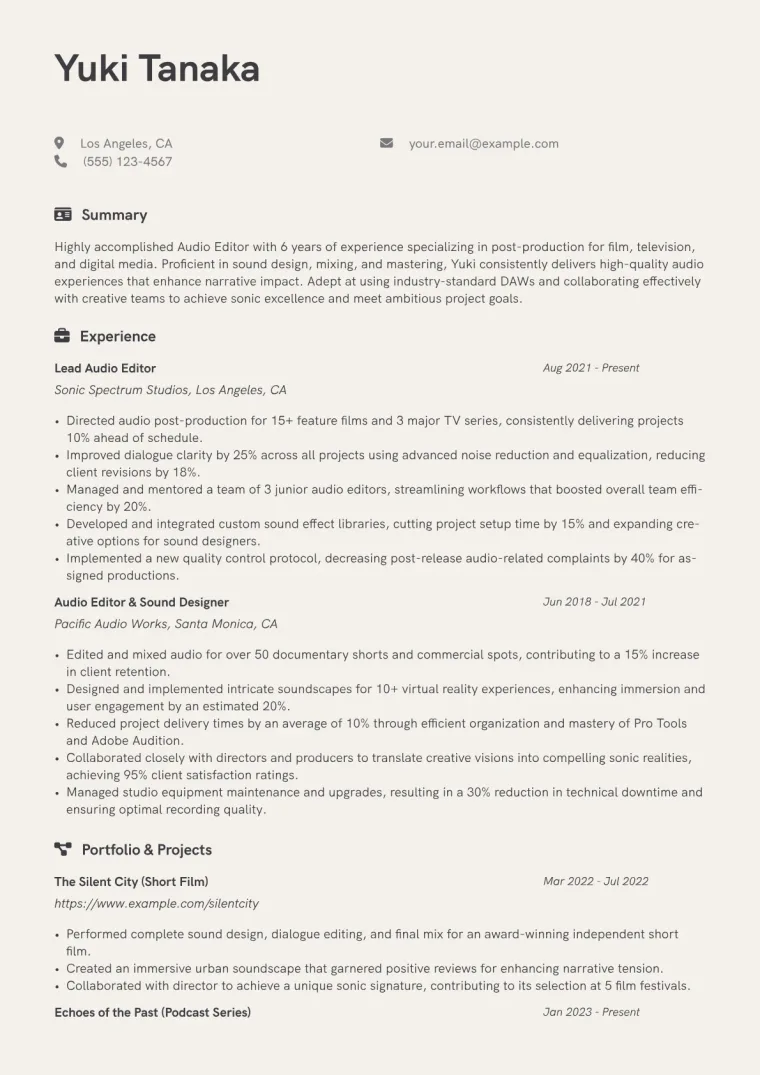 Audio Editor Resume Example CV template preview