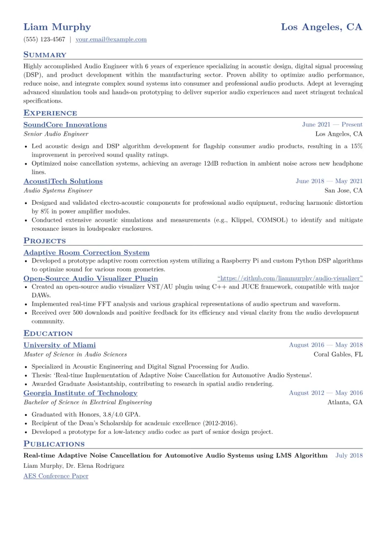 Audio Engineer Resume Example CV template preview