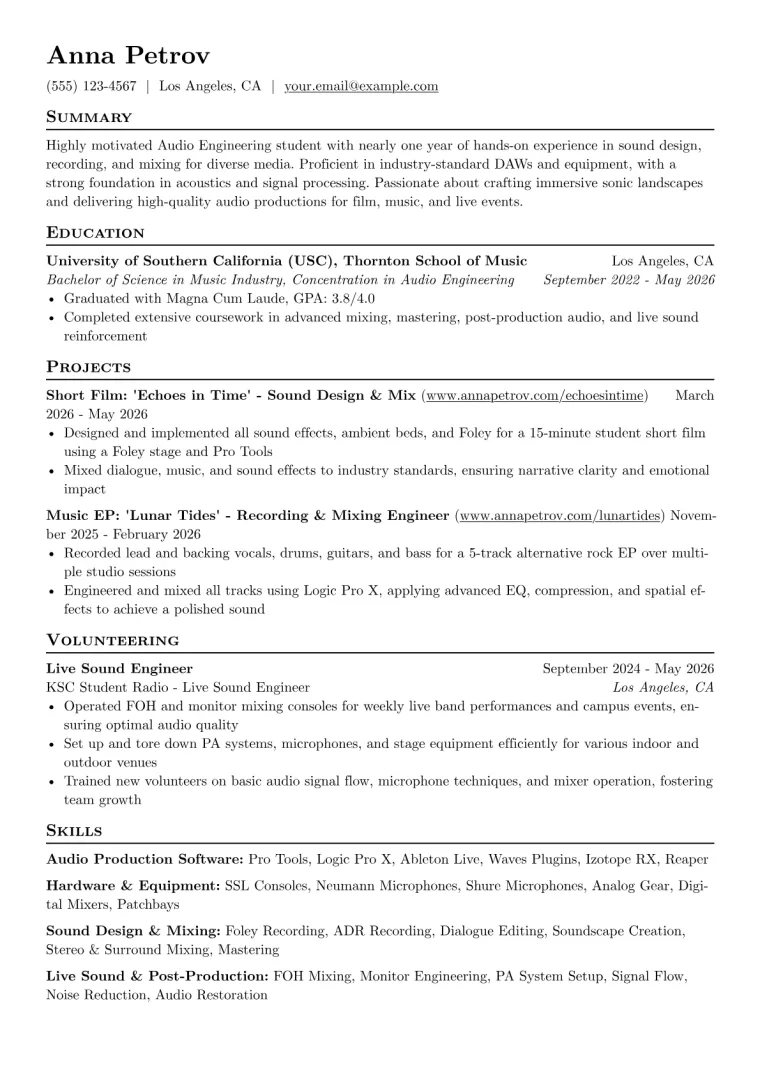 Audio Engineering Student Resume Example CV template preview