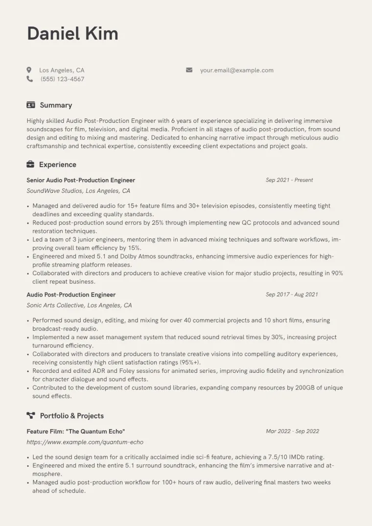 Audio Post-Production Engineer Resume Example CV template preview