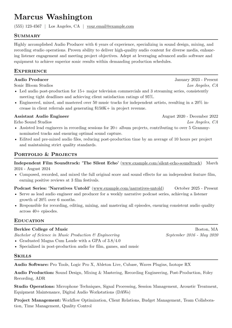 Audio Producer Resume Example CV template preview