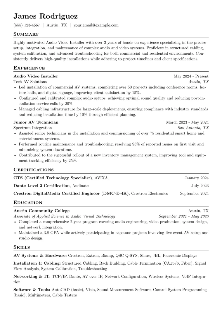 Audio Video Installer Resume Example preview
