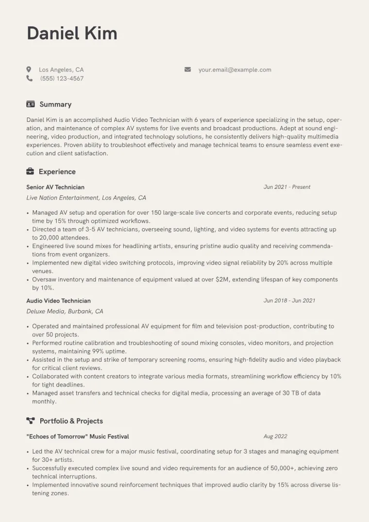 Audio Video Technician Resume Example CV template preview