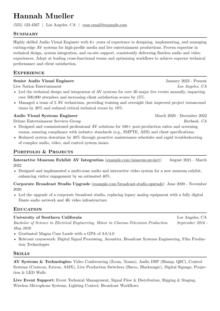 Audio Visual Engineer Resume Example preview