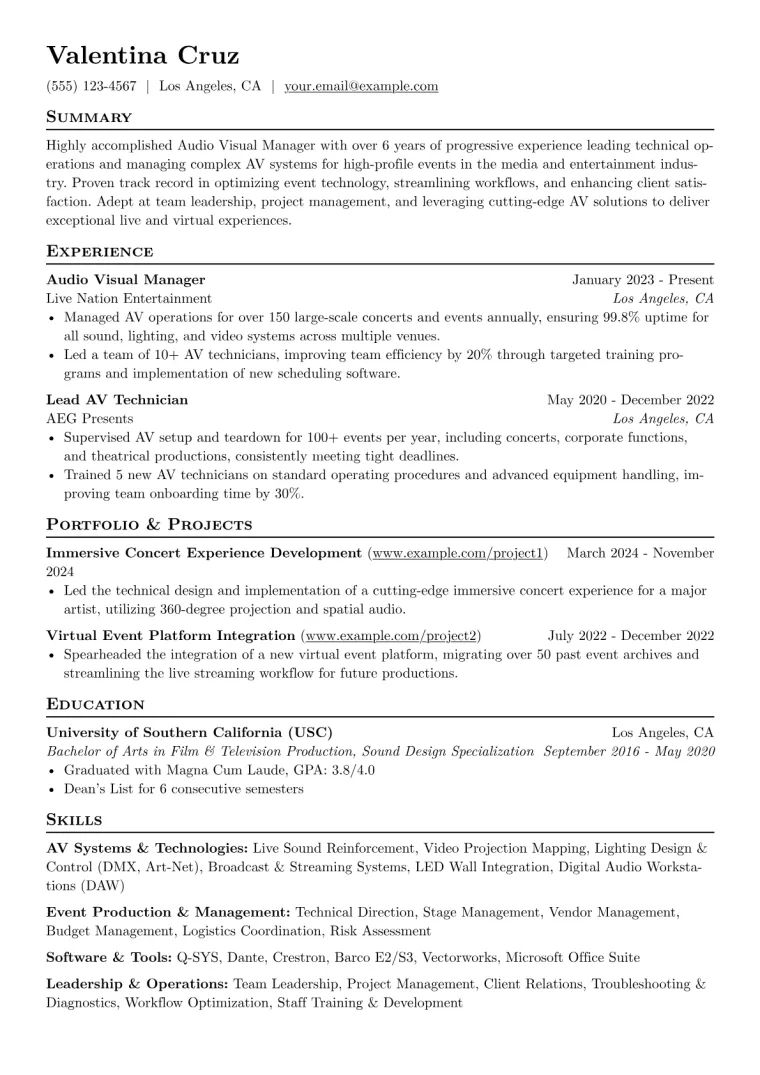 Audio Visual Manager Resume Example preview