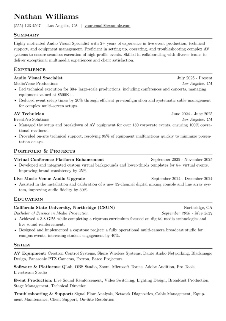 Audio Visual Specialist Resume Example preview