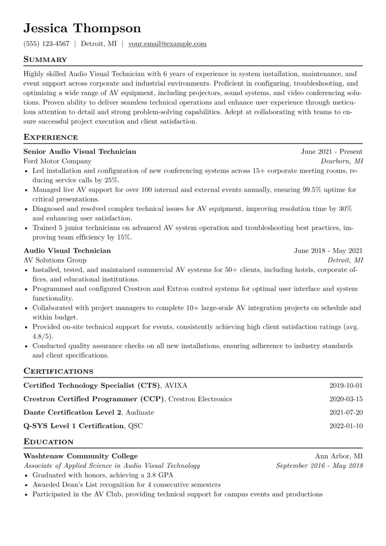 Audio Visual Technician Resume Example CV template preview