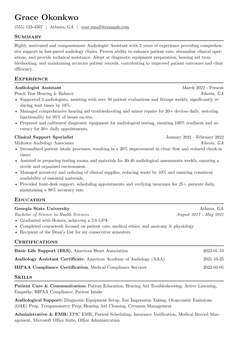Audiologist Assistant Resume Example CV template preview