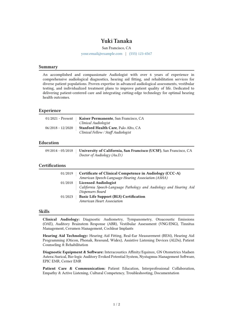Audiologist Resume Example CV template preview