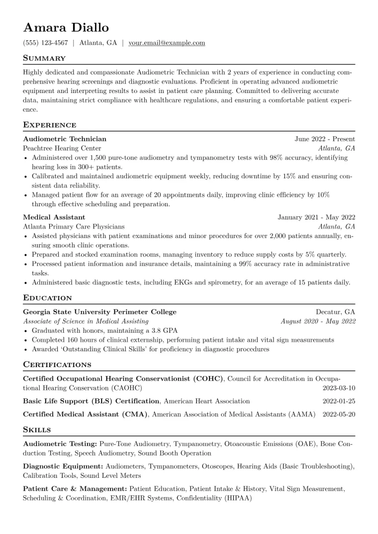 Audiometric Technician Resume Example CV template preview