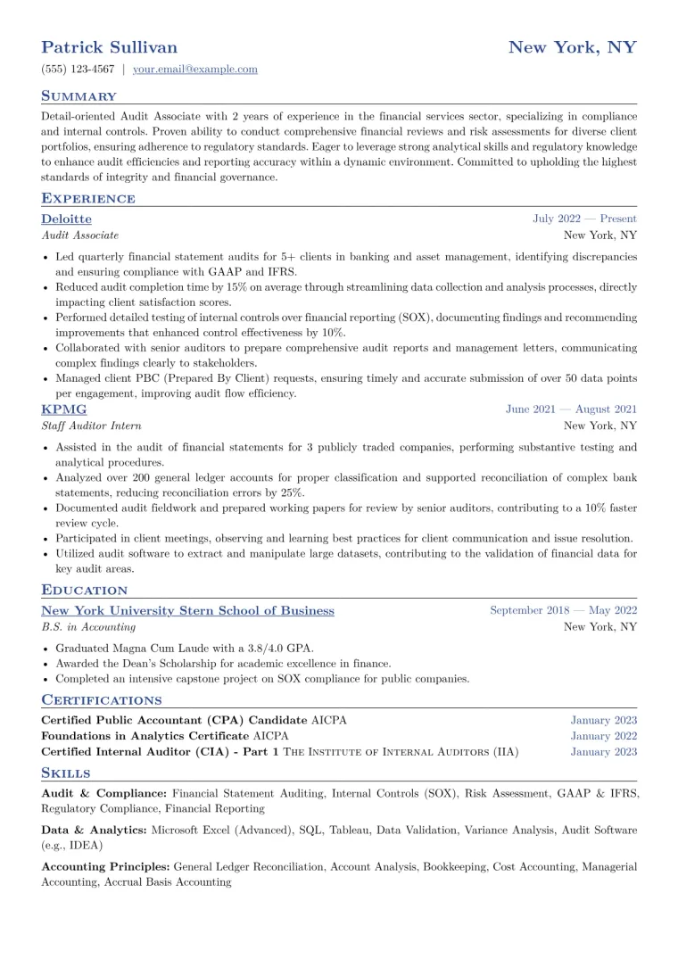 Audit Associate Resume Example CV template preview