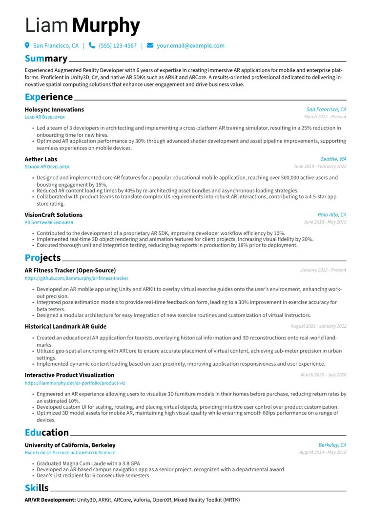Augmented Reality Developer Resume Example CV template preview