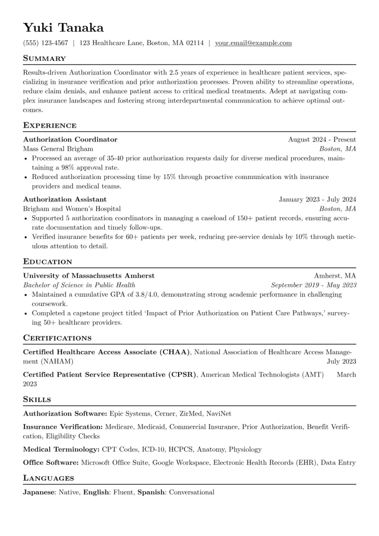 Authorization Coordinator Resume Example preview