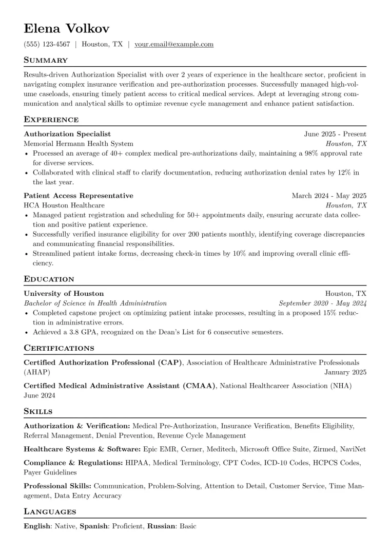 Authorization Specialist Resume Example preview