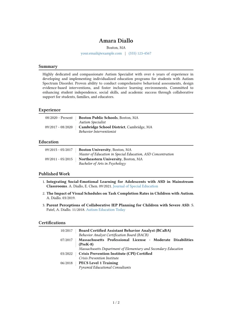 Autism Specialist Resume Example CV template preview