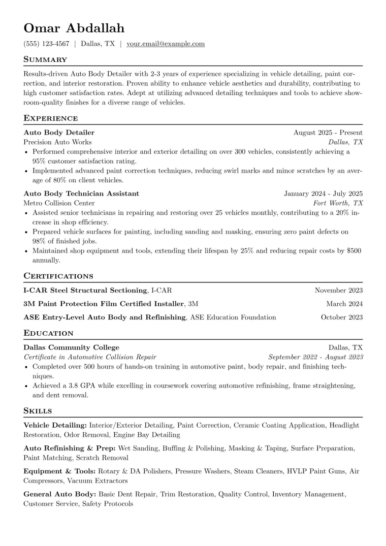 Auto Body Detailer Resume Example preview
