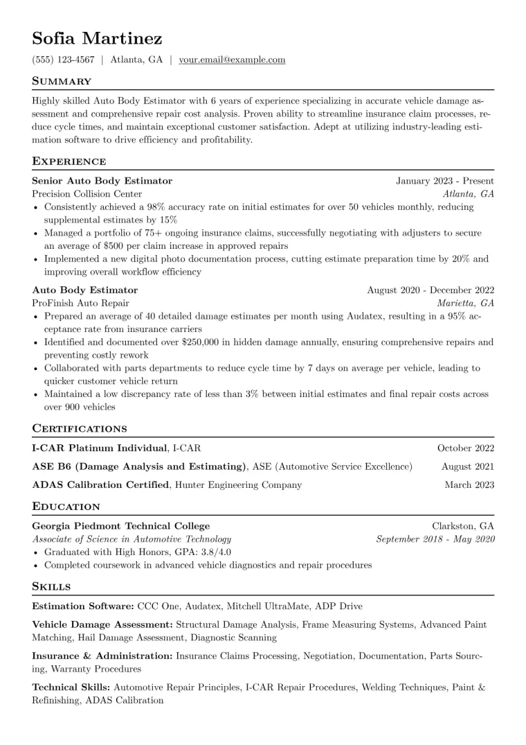 Auto Body Estimator Resume Example preview