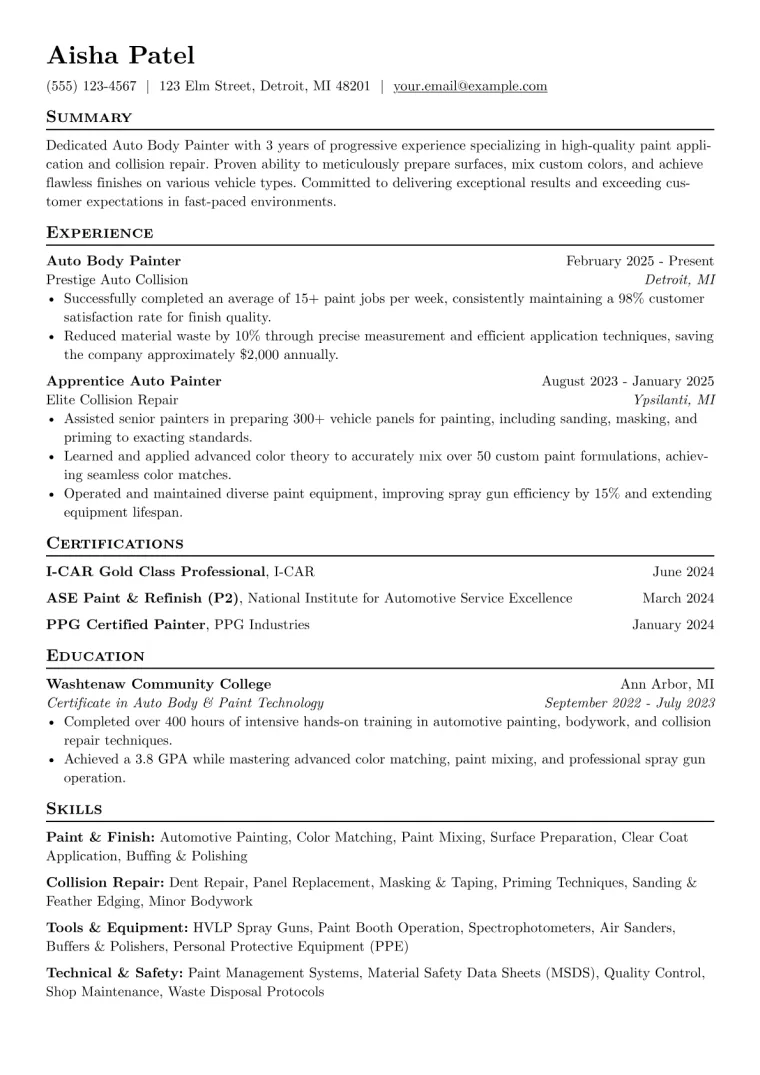 Auto Body Painter Resume Example CV template preview