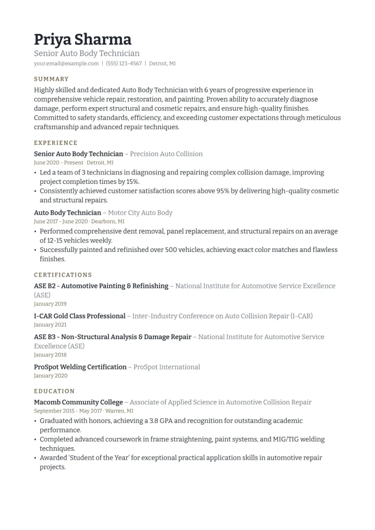 Auto Body Technician Resume Example CV template preview