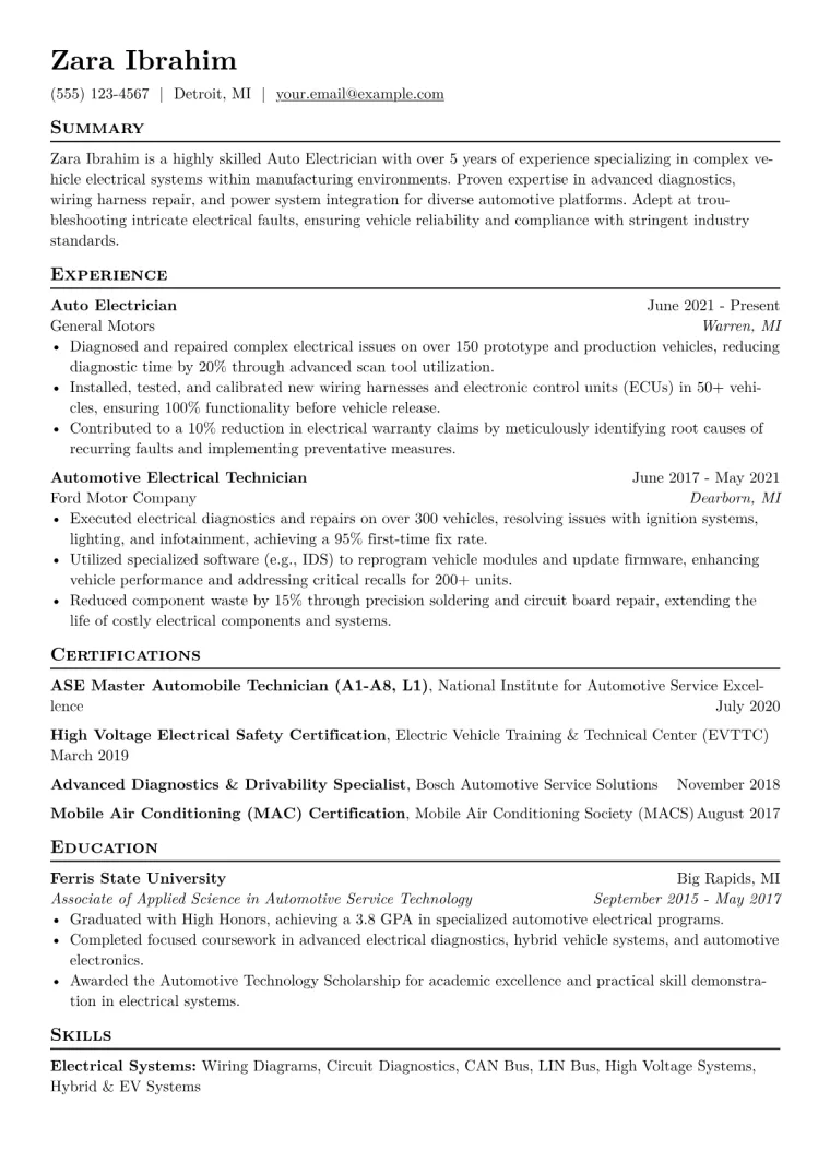 Auto Electrician Resume Example CV template preview