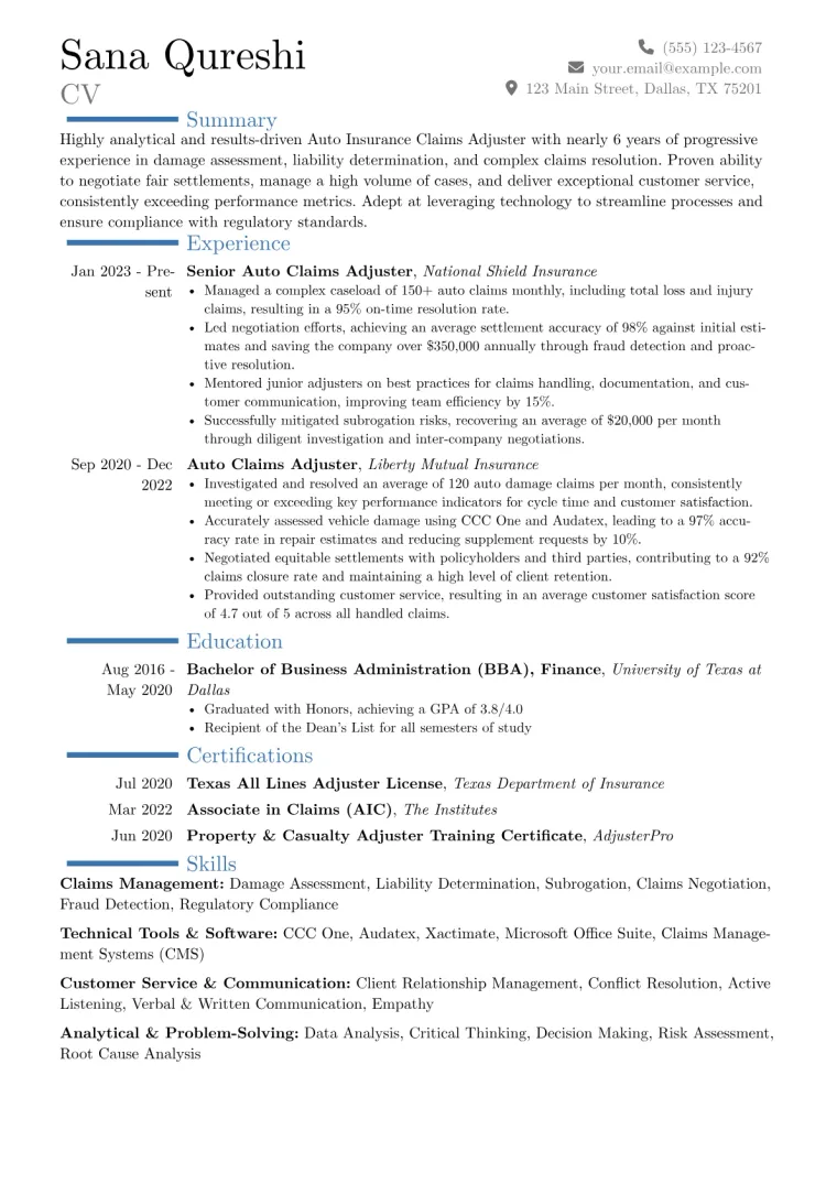 Auto Insurance Claims Adjuster Resume Example CV template preview