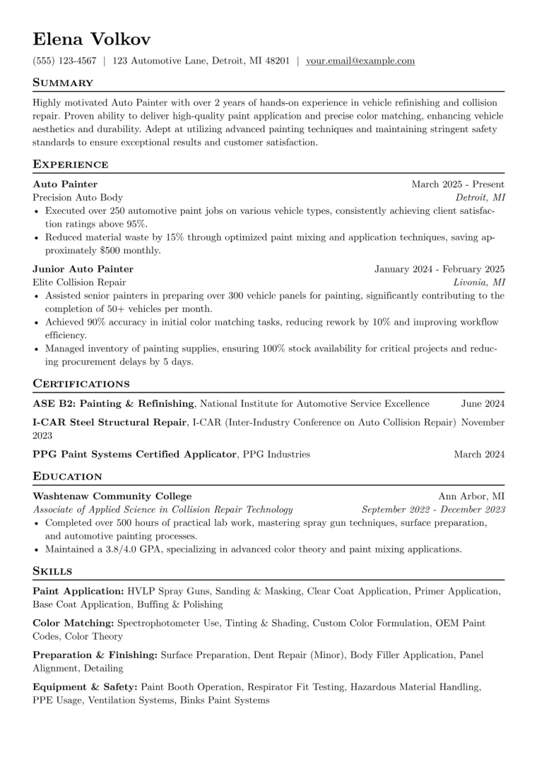 Auto Painter Resume Example preview