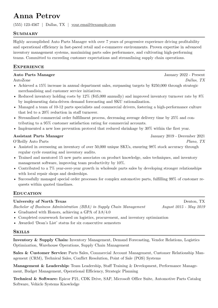 Auto Parts Manager Resume Example preview