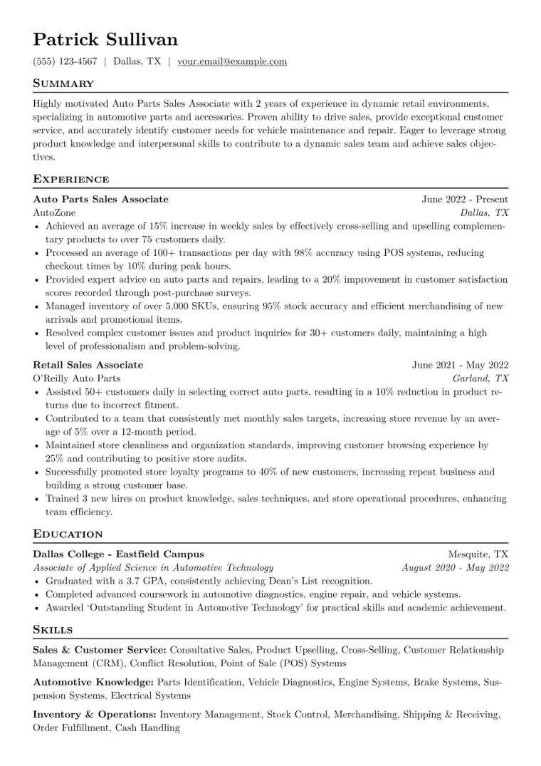 Auto Parts Sales Associate Resume Example CV template preview