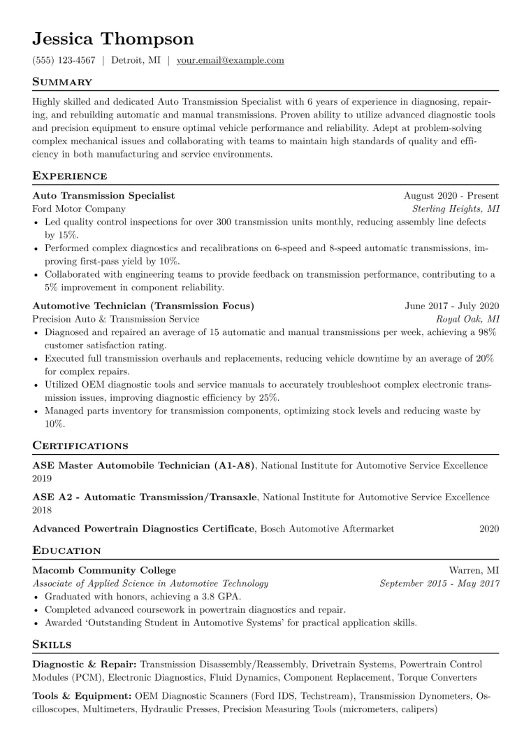 Auto Transmission Specialist Resume Example CV template preview