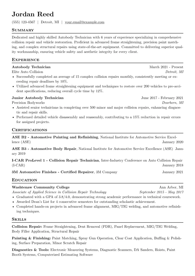 Autobody Technician Resume Example CV template preview