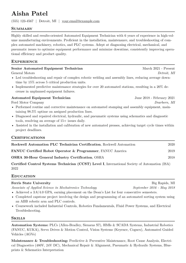 Automated Equipment Technician Resume Example CV template preview