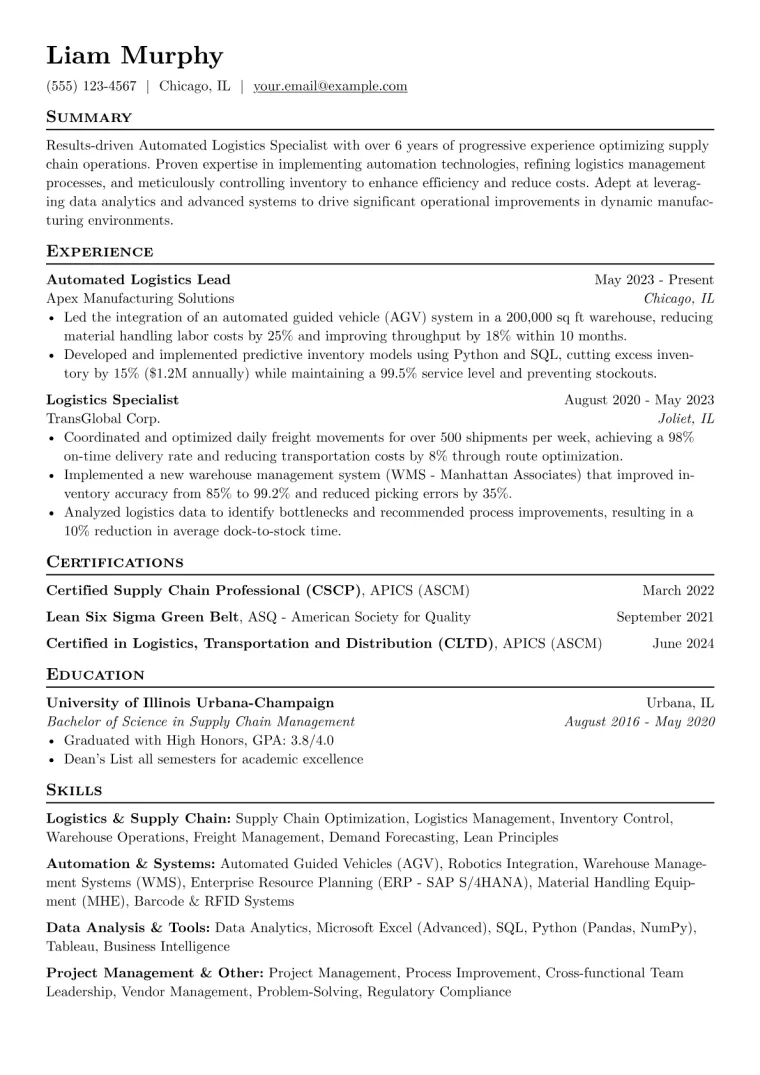 Automated Logistics Specialist Resume Example preview