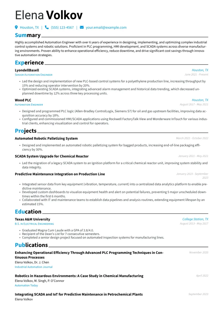 Automation Engineer Resume Example CV template preview