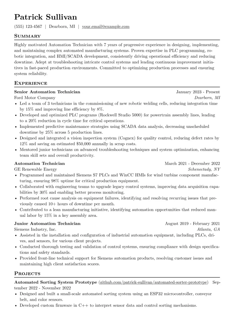 Automation Technician Resume Example CV template preview